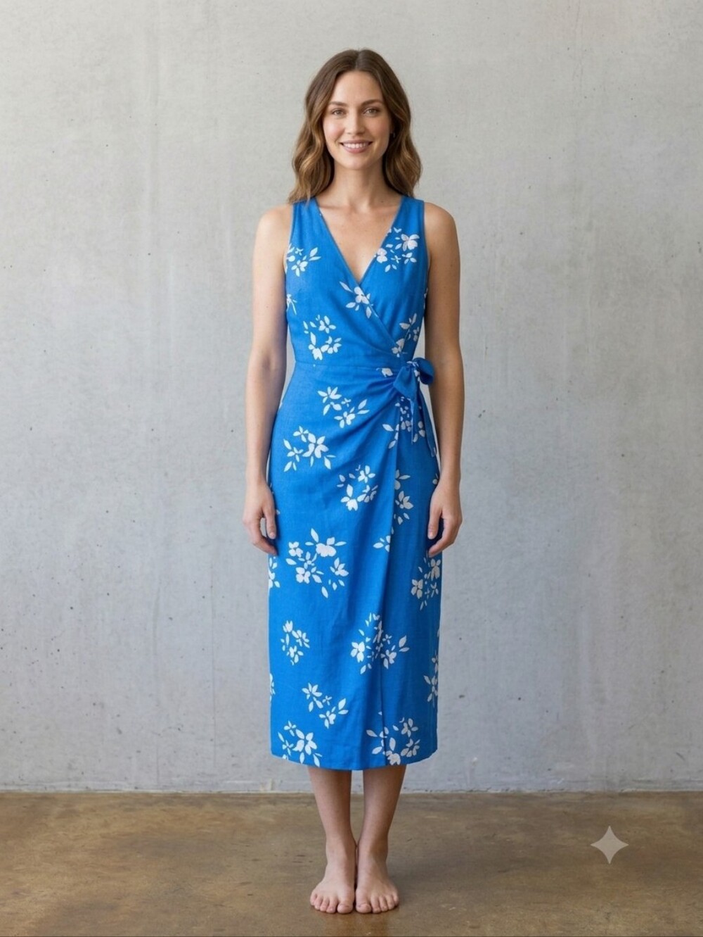 Ann Taylor Bright Blue Floral Wrap Midi Dress